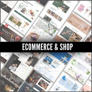 Puede incluir: Un collage de maquetas de sitios web con varias categor&iacute;as de productos, incluyendo alimentos, joyas y art&iacute;culos para el hogar. El texto "ECOMMERCE & SHOP" se muestra en una pancarta negra. Los sitios web presentan dise&ntilde;os limpios e im&aacute;genes de productos.