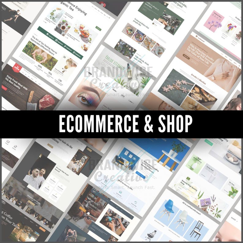 Puede incluir: Un collage de maquetas de sitios web con varias categor&iacute;as de productos, incluyendo alimentos, joyas y art&iacute;culos para el hogar. El texto "ECOMMERCE & SHOP" se muestra en una pancarta negra. Los sitios web presentan dise&ntilde;os limpios e im&aacute;genes de productos.