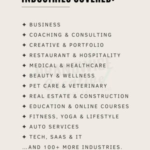 Puede incluir: Un gr&aacute;fico color crema enumera varias industrias cubiertas, incluyendo negocios, coaching, creatividad, restaurantes, medicina, belleza, cuidado de mascotas, bienes ra&iacute;ces, educaci&oacute;n, fitness, automoci&oacute;n y tecnolog&iacute;a. El texto tambi&eacute;n menciona m&aacute;s de 100 industrias m&aacute;s.
