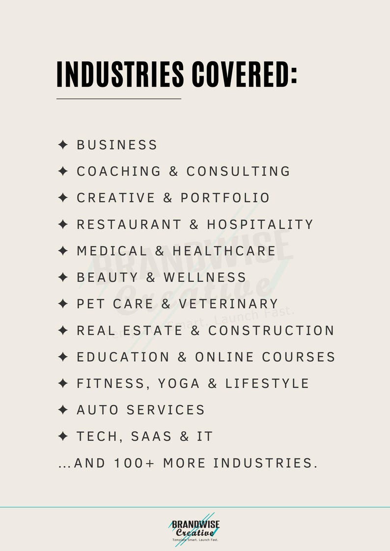 Puede incluir: Un gr&aacute;fico color crema enumera varias industrias cubiertas, incluyendo negocios, coaching, creatividad, restaurantes, medicina, belleza, cuidado de mascotas, bienes ra&iacute;ces, educaci&oacute;n, fitness, automoci&oacute;n y tecnolog&iacute;a. El texto tambi&eacute;n menciona m&aacute;s de 100 industrias m&aacute;s.