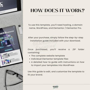 Puede incluir: Una plantilla de dise&ntilde;o digital con el texto "HOW DOES IT WORK?" y "WEB DESIGN." La imagen incluye una tableta que muestra un dise&ntilde;o de sitio web, un monitor de computadora, una unidad USB y gafas. El texto explica c&oacute;mo usar la plantilla.