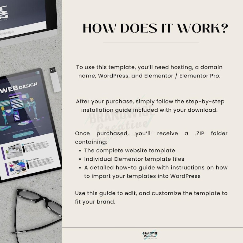 Puede incluir: Una plantilla de dise&ntilde;o digital con el texto "HOW DOES IT WORK?" y "WEB DESIGN." La imagen incluye una tableta que muestra un dise&ntilde;o de sitio web, un monitor de computadora, una unidad USB y gafas. El texto explica c&oacute;mo usar la plantilla.