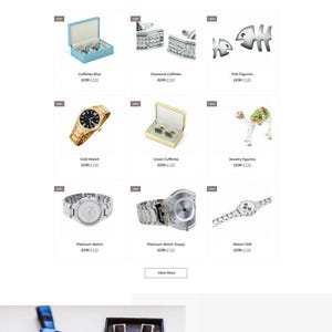 Puede incluir: Sitio web que muestra accesorios de lujo. Vista superior con pajarita negra, reloj de pulsera, gemelos y zapatos de cuero negro. Debajo hay im&aacute;genes de relojes, gemelos y joyas.