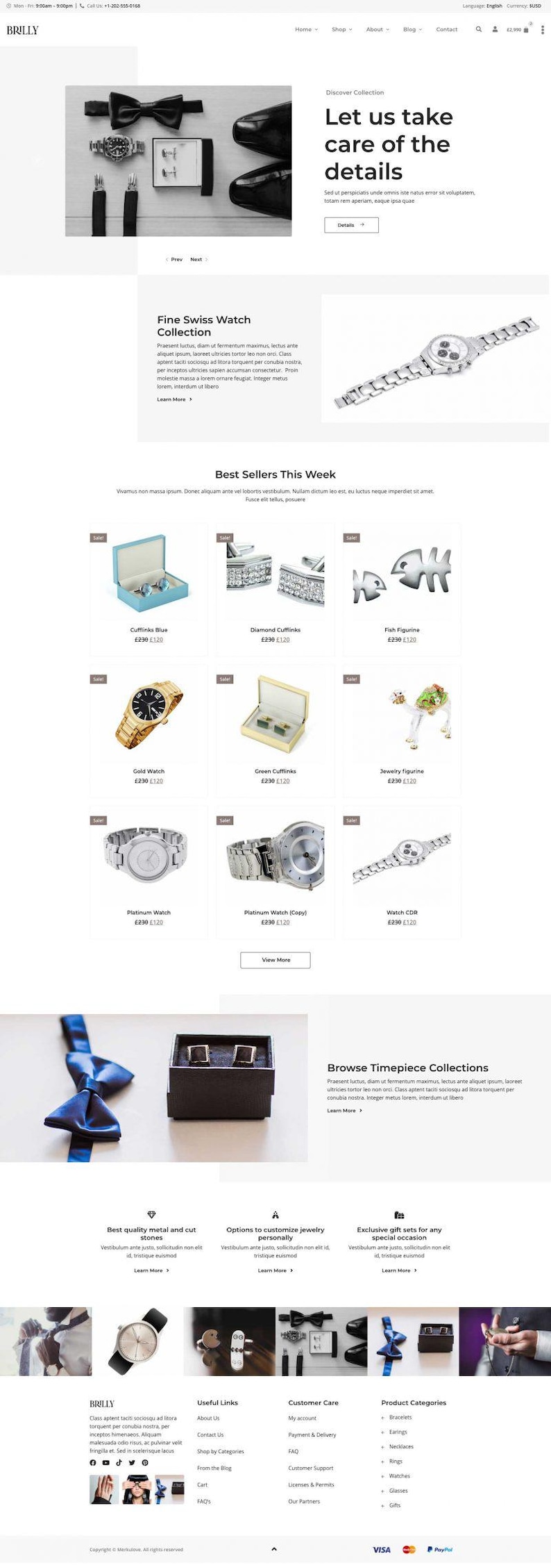 Puede incluir: Sitio web que muestra accesorios de lujo. Vista superior con pajarita negra, reloj de pulsera, gemelos y zapatos de cuero negro. Debajo hay im&aacute;genes de relojes, gemelos y joyas.