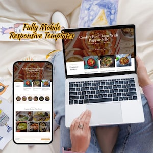 Puede incluir: Un port&aacute;til y un smartphone muestran una plantilla de sitio web de recetas. El port&aacute;til muestra una receta titulada "Cooker Beef Ragu With Pappardelle". El smartphone refleja el dise&ntilde;o web. El texto en la imagen dice "Fully Mobile Responsive Templates."