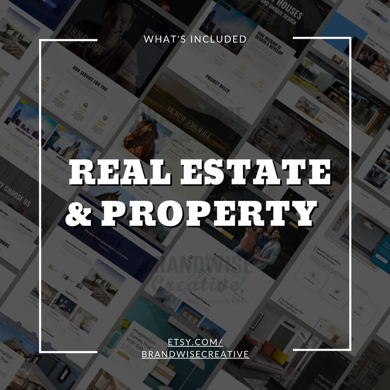 Puede incluir: Imagen promocional para servicios inmobiliarios. Presenta maquetas de sitios web con diversos elementos de dise&ntilde;o. El texto incluye "Real Estate & Property", "What's Included" y la URL de la tienda Etsy. Dise&ntilde;o moderno.