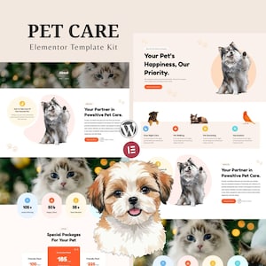 Peut inclure: Un kit de modèle de site web pour les services de soins pour animaux de compagnie. Le design présente des images de chats et de chiens, avec le texte "Votre bonheur pour animaux de compagnie, notre priorité" et "Forfaits spéciaux pour votre animal de compagnie".