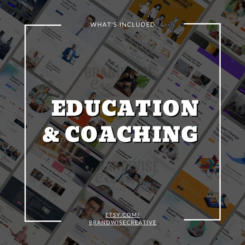 Puede incluir: Imagen promocional para servicios de educaci&oacute;n y coaching. La imagen presenta una colecci&oacute;n de maquetas de sitios web con el texto "EDUCATION & COACHING" en letras grandes y en negrita. La frase "WHAT'S INCLUDED" tambi&eacute;n es visible, junto con la URL de la tienda Etsy.