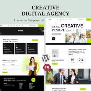 Può includere: Un kit di modelli per la progettazione di siti web con il testo "CREATIVE DIGITAL AGENCY" in alto. Il design include sezioni per i servizi, un modulo di contatto e statistiche. Sono visibili anche i loghi di WordPress ed Elementor.