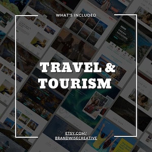 Puede incluir: Un gr&aacute;fico oscuro e inclinado con las palabras "TRAVEL & TOURISM" en letras blancas grandes. La frase "WHAT'S INCLUDED" est&aacute; en la parte superior. La URL de la tienda de Etsy est&aacute; en la parte inferior. El fondo presenta varias maquetas de sitios web.