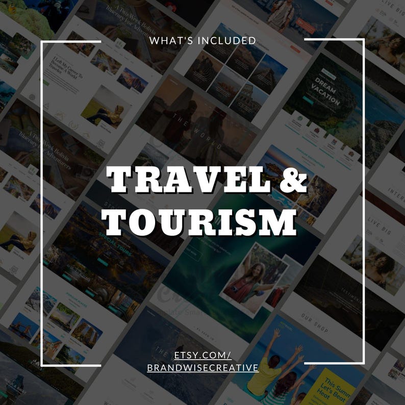 Puede incluir: Un gr&aacute;fico oscuro e inclinado con las palabras "TRAVEL & TOURISM" en letras blancas grandes. La frase "WHAT'S INCLUDED" est&aacute; en la parte superior. La URL de la tienda de Etsy est&aacute; en la parte inferior. El fondo presenta varias maquetas de sitios web.