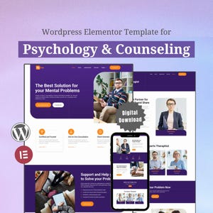 May include: An advertisement for a WordPress Elementor template for psychology and counselling services, available as a digital download. The design features website mockups in purple and white, a smartphone display, and icons. Text includes "The Best Solution for your Mental Problems."