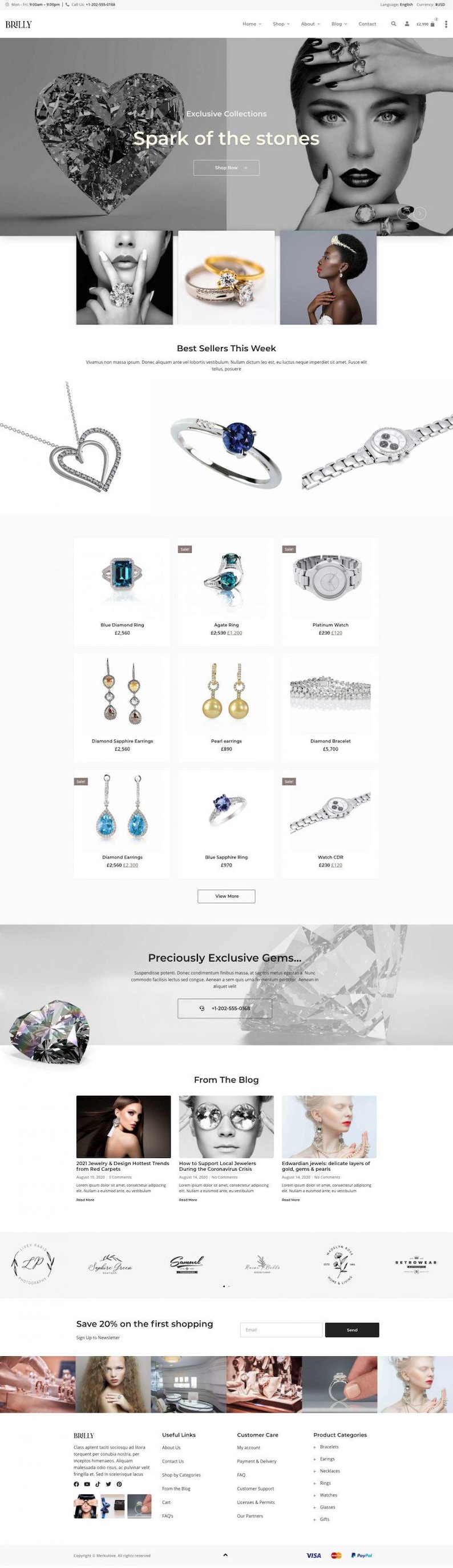 Puede incluir: Sitio web que muestra joyas, con anillos, pendientes, pulseras y relojes. El sitio tiene un tema en blanco y negro con im&aacute;genes de diamantes y piedras preciosas. Se muestra el texto "Spark of the stones".