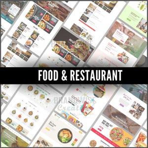 Puede incluir: Una colecci&oacute;n de maquetas de sitios web con temas de comida y restaurantes. Los dise&ntilde;os muestran varios platos, dise&ntilde;os de men&uacute;s e interfaces de pedidos en l&iacute;nea. El texto "FOOD & RESTAURANT" se muestra en una pancarta negra.