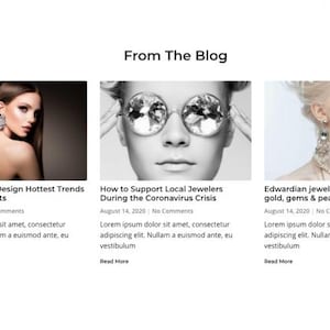 Puede incluir: Dise&ntilde;o de blog con tres art&iacute;culos. Los t&iacute;tulos incluyen: "Tendencias m&aacute;s populares de joyer&iacute;a y dise&ntilde;o de 2021 de las alfombras rojas", "C&oacute;mo apoyar a los joyeros locales durante la crisis del coronavirus" y "Joyas eduardianas: delicadas capas de oro, gemas y perlas".