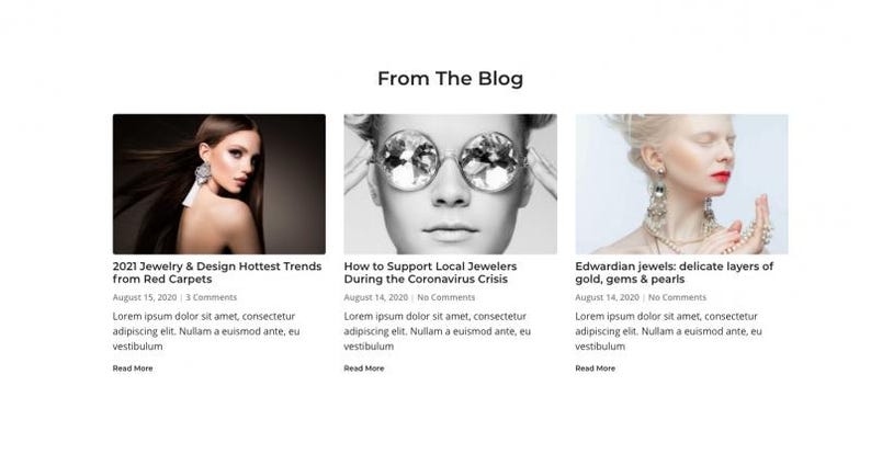 Puede incluir: Dise&ntilde;o de blog con tres art&iacute;culos. Los t&iacute;tulos incluyen: "Tendencias m&aacute;s populares de joyer&iacute;a y dise&ntilde;o de 2021 de las alfombras rojas", "C&oacute;mo apoyar a los joyeros locales durante la crisis del coronavirus" y "Joyas eduardianas: delicadas capas de oro, gemas y perlas".