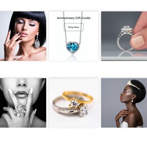 Puede incluir: Im&aacute;genes de joyer&iacute;a, incluyendo un collar de plata con un colgante azul en forma de coraz&oacute;n, anillos de diamantes y pendientes. Las im&aacute;genes muestran varios estilos de anillos y pendientes, con un enfoque en dise&ntilde;os elegantes y piedras preciosas.