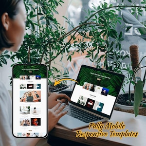 Puede incluir: Un port&aacute;til y un smartphone que muestran un sitio web con un dise&ntilde;o verde y blanco. La pantalla del port&aacute;til muestra el sitio web con un fondo de hojas de palmera. El smartphone refleja la pantalla del port&aacute;til. El texto en la pantalla dice "The Best Street Style from Fashion Week" y "Fully Mobile Responsive Templates."