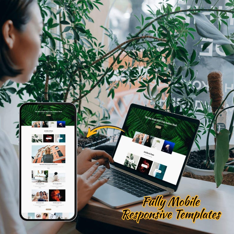 Puede incluir: Un port&aacute;til y un smartphone que muestran un sitio web con un dise&ntilde;o verde y blanco. La pantalla del port&aacute;til muestra el sitio web con un fondo de hojas de palmera. El smartphone refleja la pantalla del port&aacute;til. El texto en la pantalla dice "The Best Street Style from Fashion Week" y "Fully Mobile Responsive Templates."