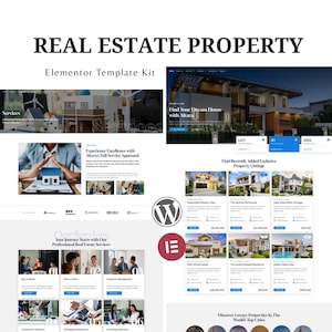 Puede incluir: Un kit de plantillas de sitios web para listados de propiedades inmobiliarias. El diseño incluye múltiples secciones con imágenes de casas, texto e iconos. El texto incluye "Real Estate Property", "Elementor Template Kit" y "Find Your Dream Home with Altara".