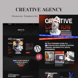 May include: A website design for a creative agency's Elementor template kit. The design uses a dark theme with white text, a statue, and the words "CREATIVE AGENCY". It highlights web design, branding, and social marketing services.
