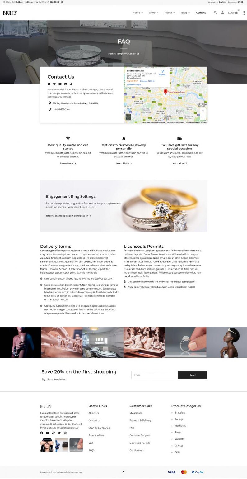 Puede incluir: Captura de pantalla del sitio web de BRILLY, con el logotipo, la navegaci&oacute;n y secciones como Contacto y Preguntas frecuentes. La p&aacute;gina muestra im&aacute;genes de joyas y un formulario de suscripci&oacute;n al bolet&iacute;n. Incluye un mapa y datos de contacto.