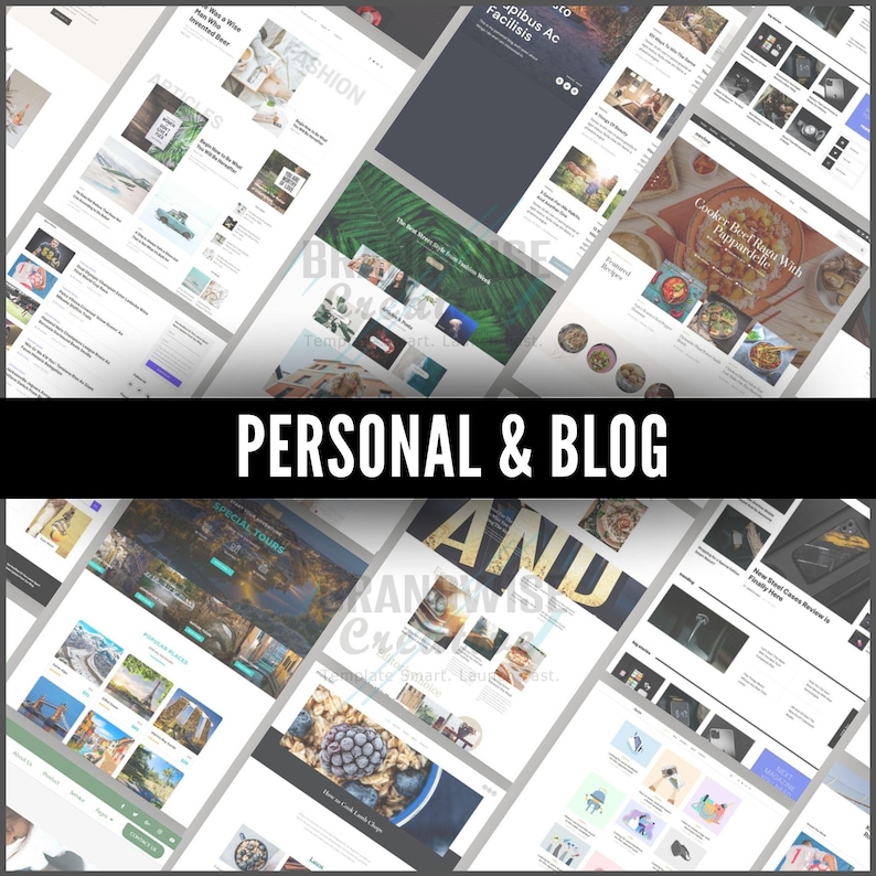 Puede incluir: Una colecci&oacute;n de maquetas de sitios web con varios dise&ntilde;os y contenidos, incluyendo art&iacute;culos, moda y comida. La frase "PERSONAL & BLOG" se muestra en una pancarta negra. Las maquetas muestran una variedad de estilos de dise&ntilde;o y temas.