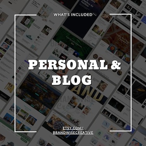 Puede incluir: Un dise&ntilde;o digital que presenta maquetas de sitios web con el texto "PERSONAL & BLOG" en letras blancas en negrita. La frase "WHAT'S INCLUDED" est&aacute; en la parte superior. La URL de la tienda Etsy est&aacute; en la parte inferior.