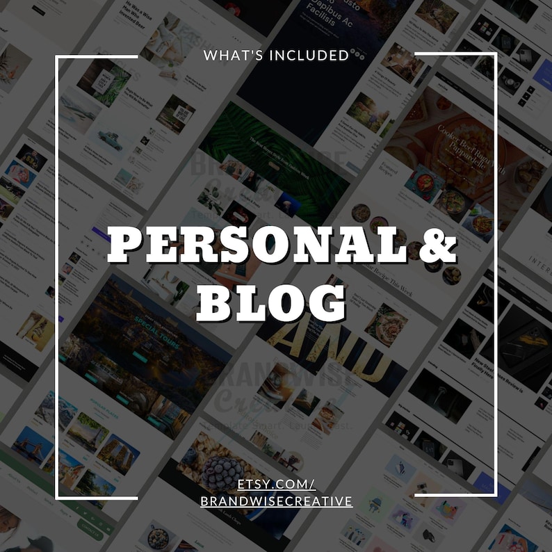 Puede incluir: Un dise&ntilde;o digital que presenta maquetas de sitios web con el texto "PERSONAL & BLOG" en letras blancas en negrita. La frase "WHAT'S INCLUDED" est&aacute; en la parte superior. La URL de la tienda Etsy est&aacute; en la parte inferior.