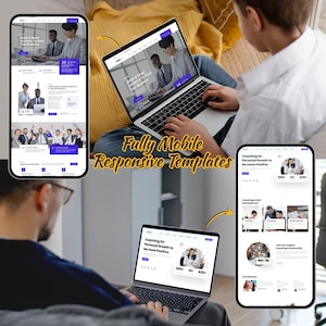 Puede incluir: Imagen que muestra un dise&ntilde;o de sitio web en una computadora port&aacute;til y dos tel&eacute;fonos inteligentes. Se muestra el texto "Fully Mobile Responsive Templates". El dise&ntilde;o del sitio web presenta im&aacute;genes de personas y el texto "Coaching for Personal Growth to be more Positive."