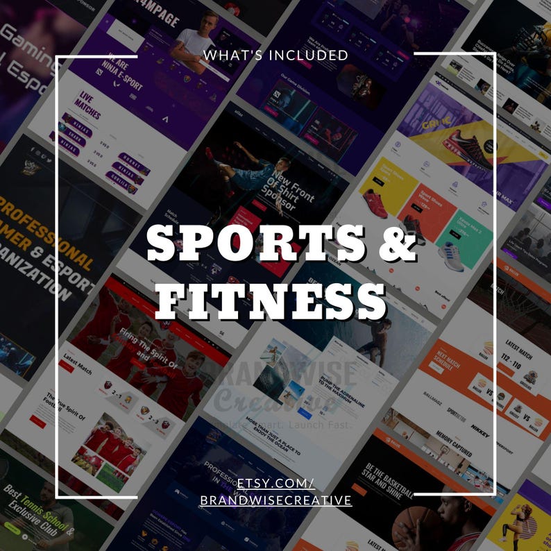 Puede incluir: Un collage de maquetas de sitios web con tem&aacute;tica de deportes y fitness. La imagen incluye el texto "SPORTS & FITNESS" en letras blancas grandes. Otros textos incluyen "WHAT'S INCLUDED" y "ETSY.COM/BRANDWISECREATIVE".