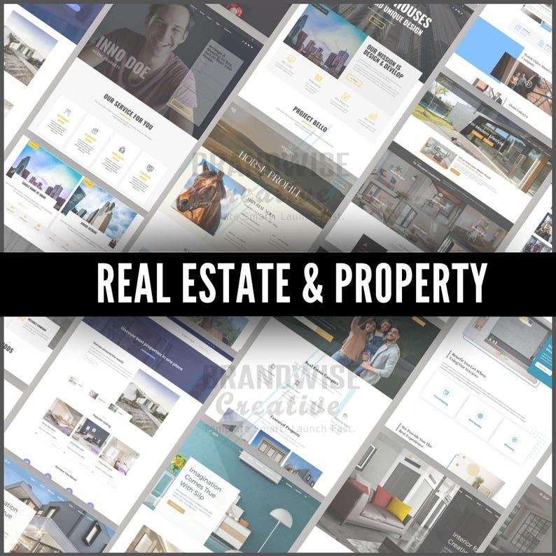 Puede incluir: Una colecci&oacute;n de maquetas de sitios web con tem&aacute;tica de bienes ra&iacute;ces. Los dise&ntilde;os presentan im&aacute;genes de edificios, interiores y un caballo. El texto incluye "Real Estate & Property", "Inno Doe" y "Our Service For You".