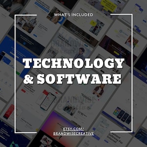 Puede incluir: Un collage de maquetas de sitios web con el texto "TECHNOLOGY & SOFTWARE" en letras blancas grandes. La frase "WHAT'S INCLUDED" est&aacute; en la parte superior. La URL de la tienda Etsy tambi&eacute;n es visible. La imagen muestra varios elementos de dise&ntilde;o digital.