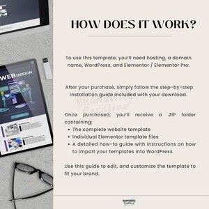 Puede incluir: Una imagen de marketing digital con el texto "&iquest;C&Oacute;MO FUNCIONA?" y "WEB DESIGN". La imagen incluye una tableta y una pantalla de ordenador que muestra un dise&ntilde;o de sitio web, junto con una unidad USB y gafas. El texto explica el uso de la plantilla.