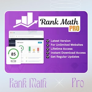 Puede incluir: Gráfico púrpura con el texto "Rank Math PRO". La imagen incluye una interfaz de sitio web, gráficos y casillas de verificación que indican funciones como "Última versión" y "Acceso de por vida". La puntuación SEO se muestra como 85/100.