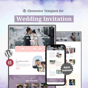 Puede incluir: Una plantilla digital de invitación de boda que se muestra en una pantalla de ordenador, una tableta y un smartphone. La plantilla presenta fotos de una pareja, detalles del evento y el texto "Wedding Invitation". El smartphone muestra "Digital Download".