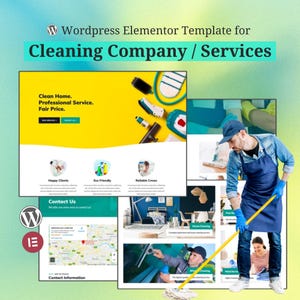 May include: Promotional image for a cleaning company website template. The design features a yellow and white colour scheme with images of cleaning supplies and a person mopping. Text includes "Clean Home. Professional Service. Fair Price."