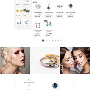 Puede incluir: Sitio web de comercio electr&oacute;nico que muestra joyas, incluyendo anillos, pendientes, collares y relojes. Los productos incluyen pulseras de diamantes, colgantes y pendientes de zafiro. El sitio tambi&eacute;n muestra im&aacute;genes de modelos con joyas.