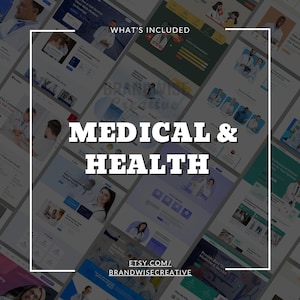 Puede incluir: Un dise&ntilde;o digital que muestra varios dise&ntilde;os de sitios web relacionados con la medicina y la salud. La imagen presenta el texto "MEDICAL & HEALTH" en letras blancas en negrita, junto con la URL de la tienda Etsy. El dise&ntilde;o incluye capturas de pantalla de sitios web con m&eacute;dicos y temas m&eacute;dicos.