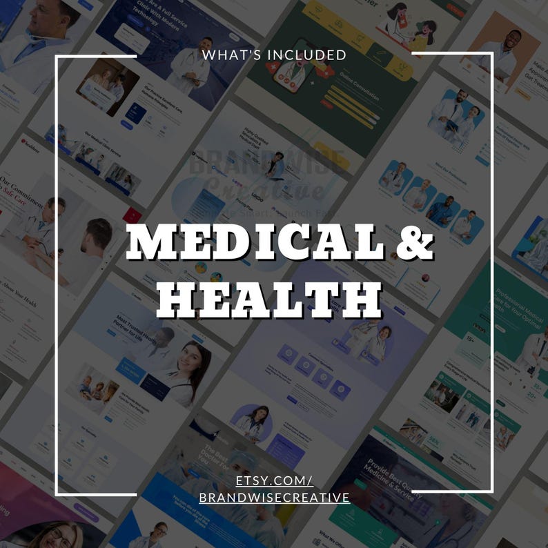Puede incluir: Un dise&ntilde;o digital que muestra varios dise&ntilde;os de sitios web relacionados con la medicina y la salud. La imagen presenta el texto "MEDICAL & HEALTH" en letras blancas en negrita, junto con la URL de la tienda Etsy. El dise&ntilde;o incluye capturas de pantalla de sitios web con m&eacute;dicos y temas m&eacute;dicos.