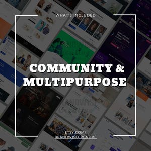 Puede incluir: Una colecci&oacute;n de maquetas de sitios web en varios colores y dise&ntilde;os, que muestran un tema comunitario y multiprop&oacute;sito. La imagen incluye el texto "WHAT'S INCLUDED" y "COMMUNITY & MULTIPURPOSE". Tambi&eacute;n se ve la URL de la tienda Etsy.