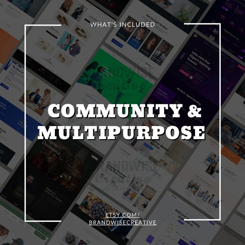 Puede incluir: Una colecci&oacute;n de maquetas de sitios web en varios colores y dise&ntilde;os, que muestran un tema comunitario y multiprop&oacute;sito. La imagen incluye el texto "WHAT'S INCLUDED" y "COMMUNITY & MULTIPURPOSE". Tambi&eacute;n se ve la URL de la tienda Etsy.