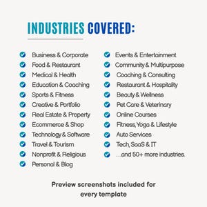Puede incluir: Un gr&aacute;fico blanco con texto turquesa que indica "INDUSTRIES COVERED:" y una lista de industrias, como Negocios, Alimentaci&oacute;n, Medicina, Educaci&oacute;n y Deportes. El texto "Vista previa de capturas de pantalla incluida para cada plantilla" est&aacute; en la parte inferior.