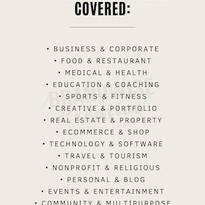 May include: A cream-colored graphic lists 14+ major industries covered, including business, food, medical, education, sports, creative, real estate, e-commerce, technology, travel, nonprofit, personal, events, and community. The Brandwise Creative logo is at the bottom.