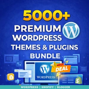 Könnte beinhalten: Eine blaue Grafik, die ein Bundle von über 5000 Premium-WordPress-Themes und -Plugins bewirbt. Der Text enthält "MEGA DEAL" und das WordPress-Logo. Zusätzlicher Text unten lautet "WORDPRESS | SHOPIFY | BLOGGER".