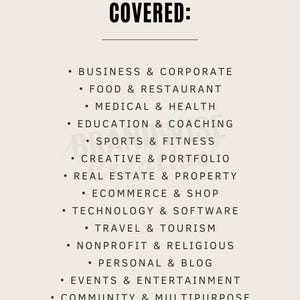 May include: A cream-colored graphic lists 14+ major industries covered, including business, food, medical, education, sports, creative, real estate, e-commerce, technology, travel, nonprofit, personal, events, and community. The Brandwise Creative logo is at the bottom.