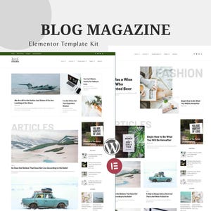 Puede incluir: Un kit de plantillas de sitio web con las palabras "BLOG MAGAZINE" en la parte superior. El diseño incluye múltiples diseños de blog con artículos, imágenes y texto. El kit de plantillas Elementor está diseñado para crear un blog.