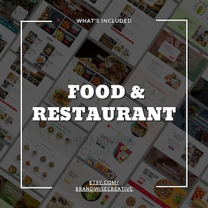 Puede incluir: Imagen promocional para plantillas de sitios web de comida y restaurantes. La imagen presenta m&uacute;ltiples maquetas de sitios web con fotograf&iacute;as de alimentos y el texto "FOOD & RESTAURANT". La URL de la tienda Etsy tambi&eacute;n es visible.