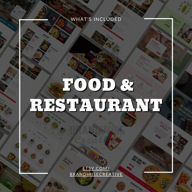 Puede incluir: Imagen promocional para plantillas de sitios web de comida y restaurantes. La imagen presenta m&uacute;ltiples maquetas de sitios web con fotograf&iacute;as de alimentos y el texto "FOOD & RESTAURANT". La URL de la tienda Etsy tambi&eacute;n es visible.