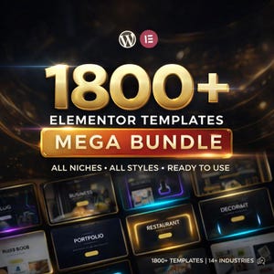 May include: A promotional graphic with the text "1800+ ELEMENTOR TEMPLATES MEGA BUNDLE." The design features a gold and red color scheme with various website template previews, including "BUSINESS" and "RESTAURANT."